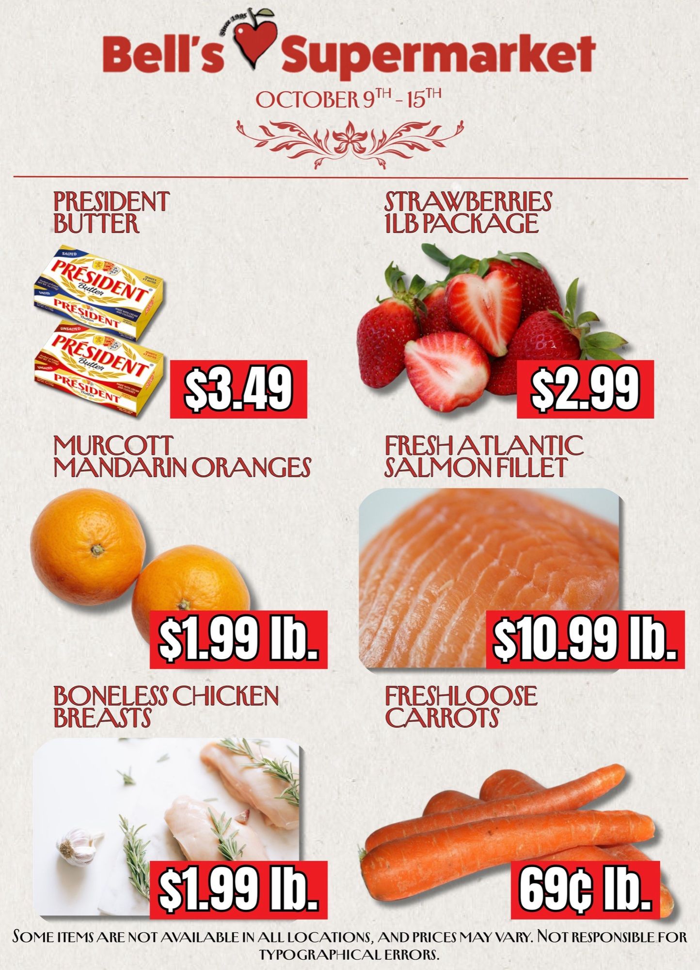 Bell's Supermarket weekly circular, page 1: butter, strawberries, salmon and chicken