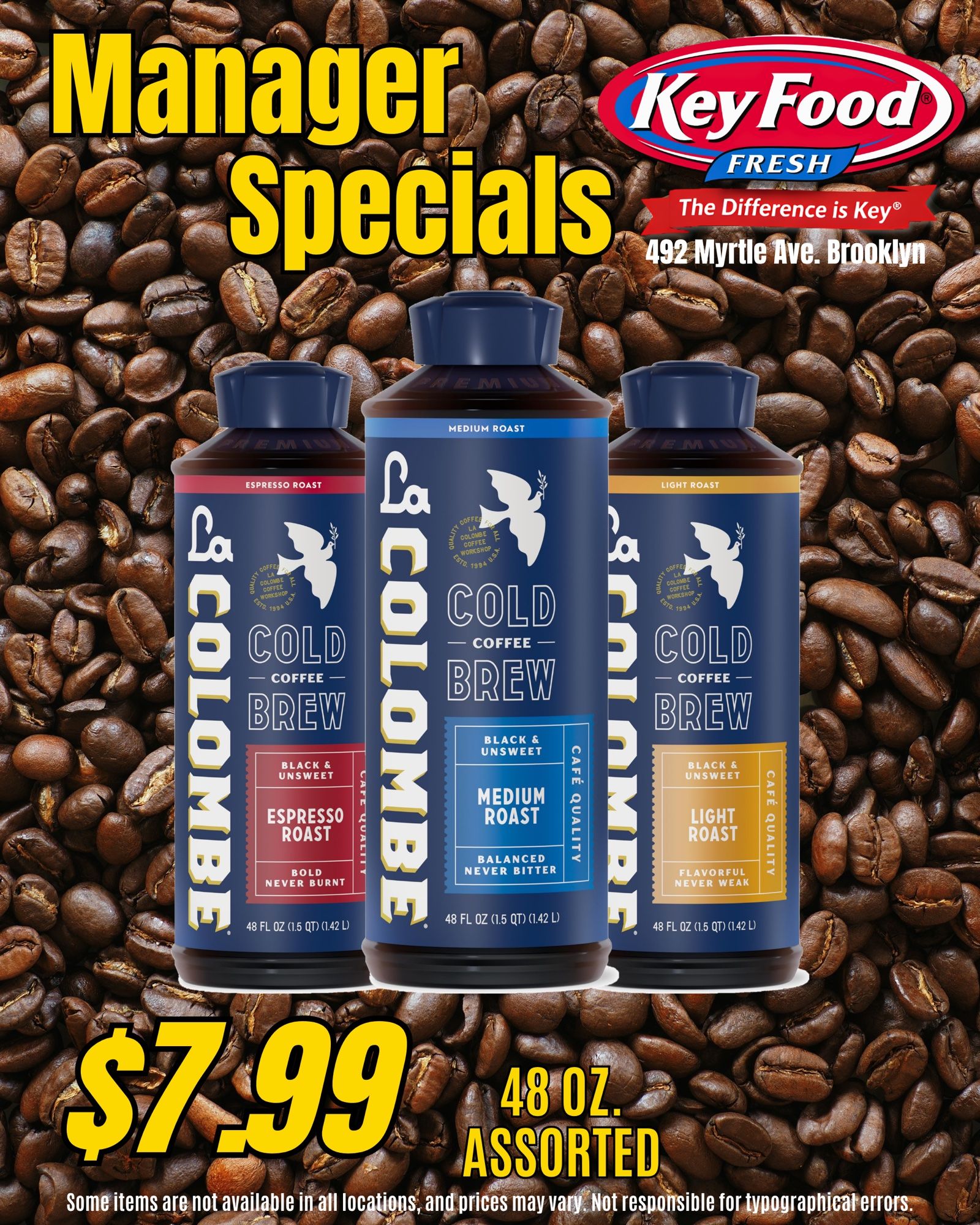 Manager Specials flyer: three La Colombe cold brew bottles on coffee beans, $7.99