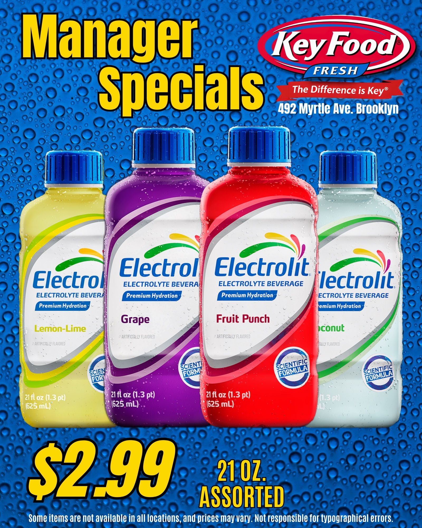 Manager Specials flyer: four Electrolit bottles on blue water droplets, $2.99
