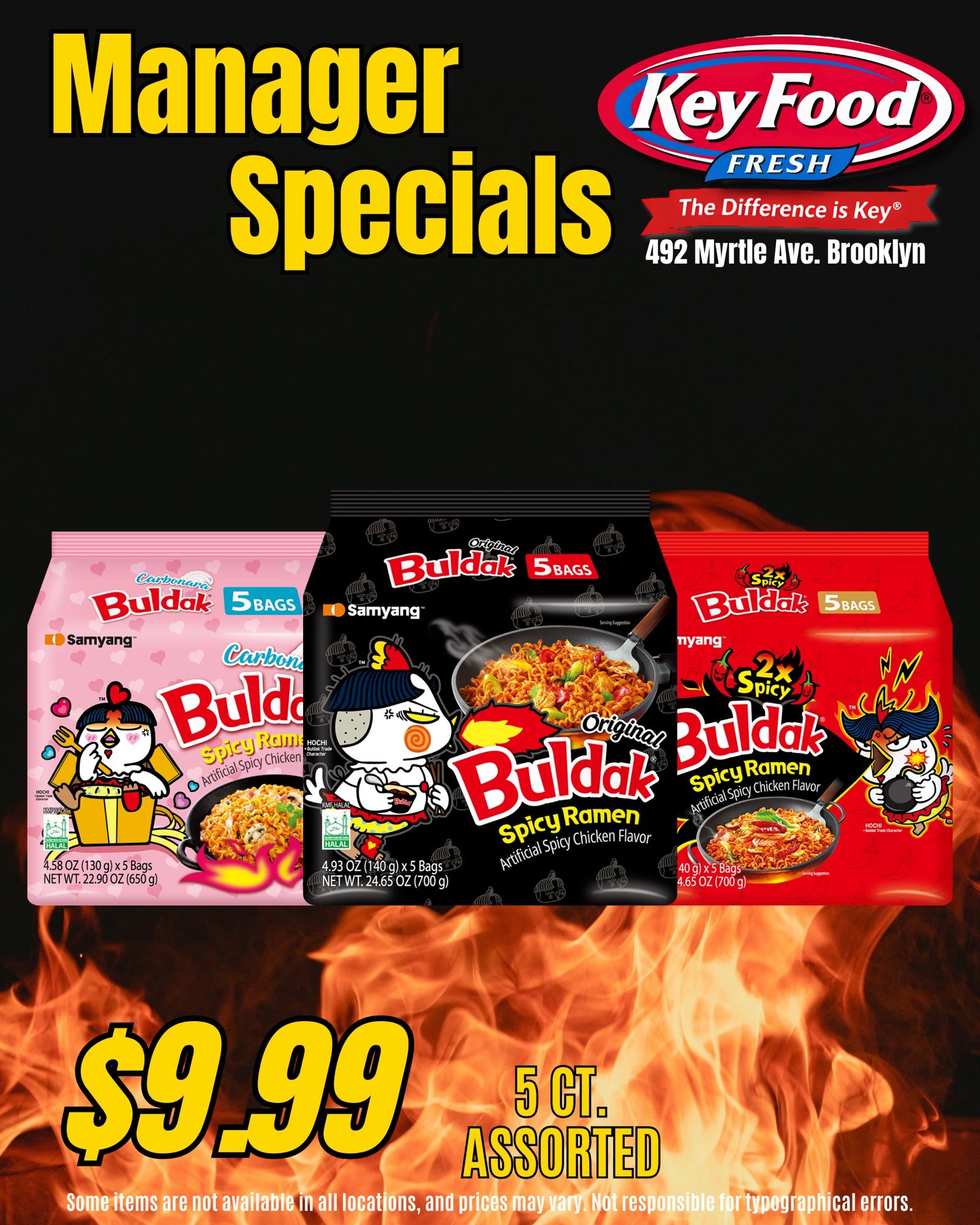 Manager Specials flyer: Buldak spicy ramen five-packs over a fire background, $9.99